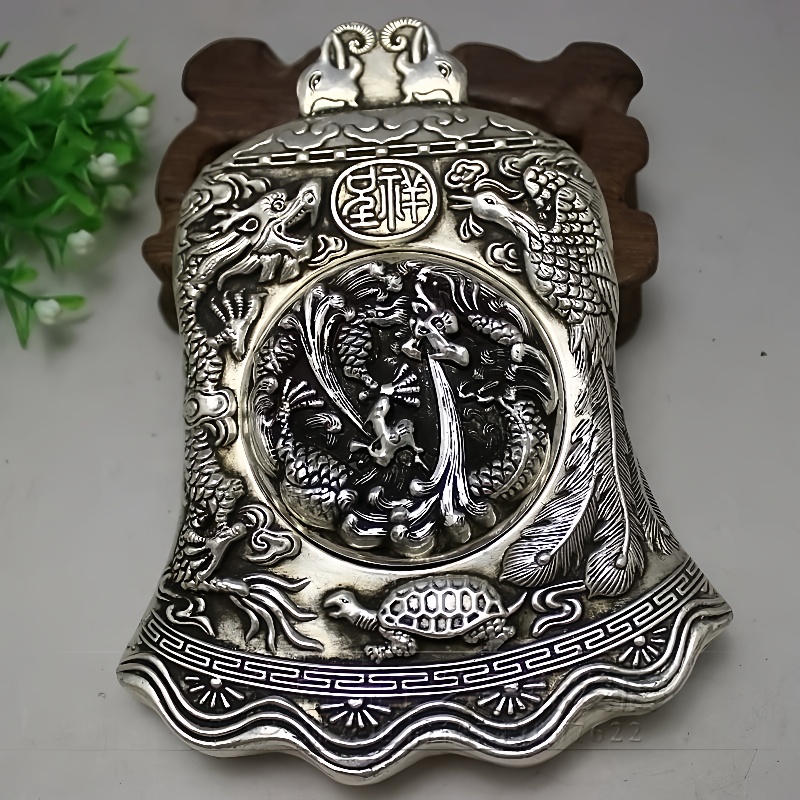 文化用品文房四宝收藏复古龙龟花纹白铜砚台龙凤呈祥