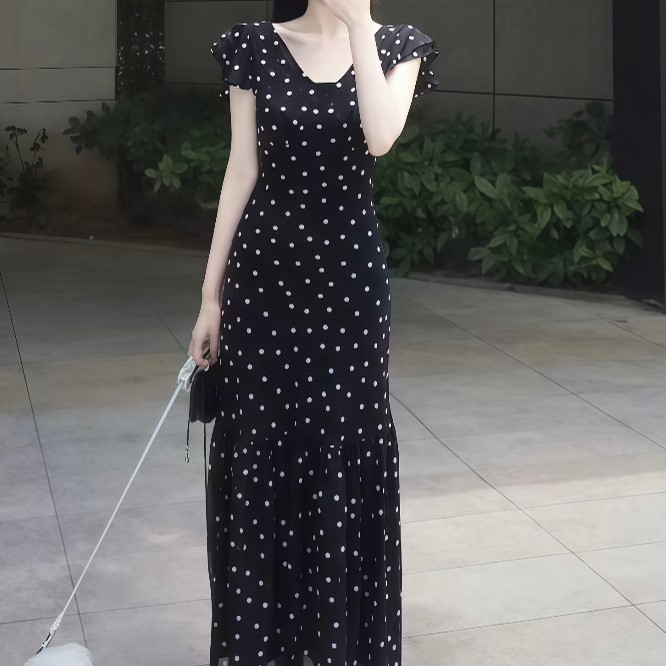 韩系V领黑色波点连衣裙女夏季新