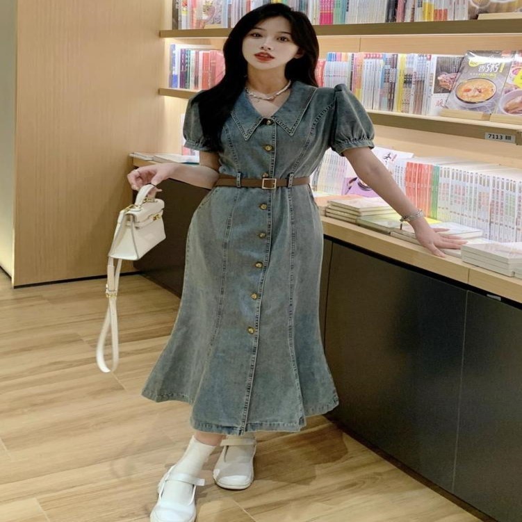 港味设计感牛仔短袖连衣裙女2025夏季新款薄款高腰a字裙中长裙子