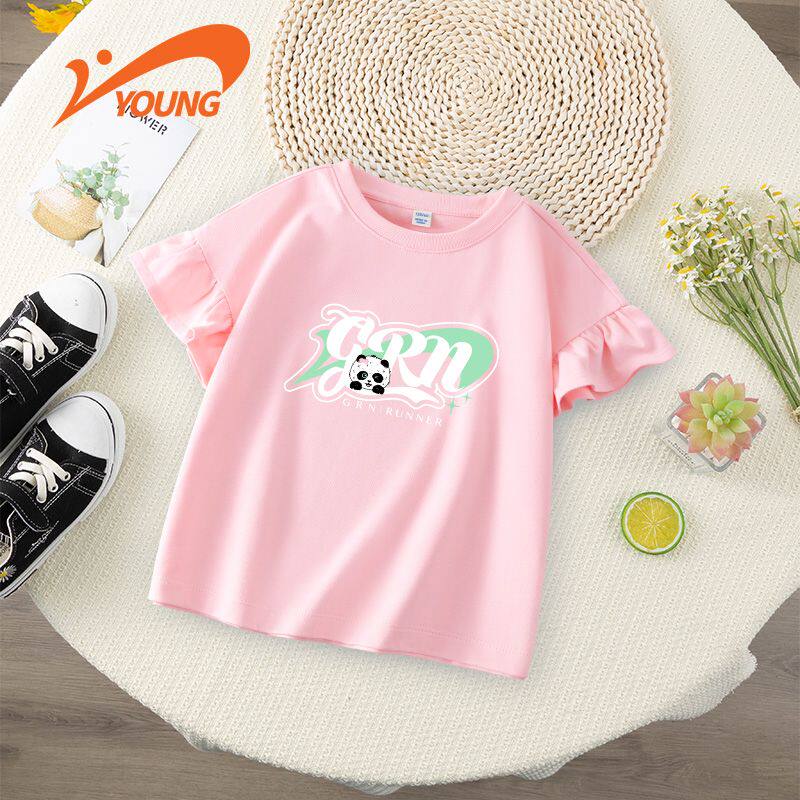 贵人鸟儿童T恤夏季女童花边白色短袖纯棉舒适中小童圆领套头上衣