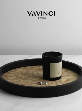 梵其中古轻奢手工木皮托盘长方形皮质家用收纳卧室茶几香薰首饰盘