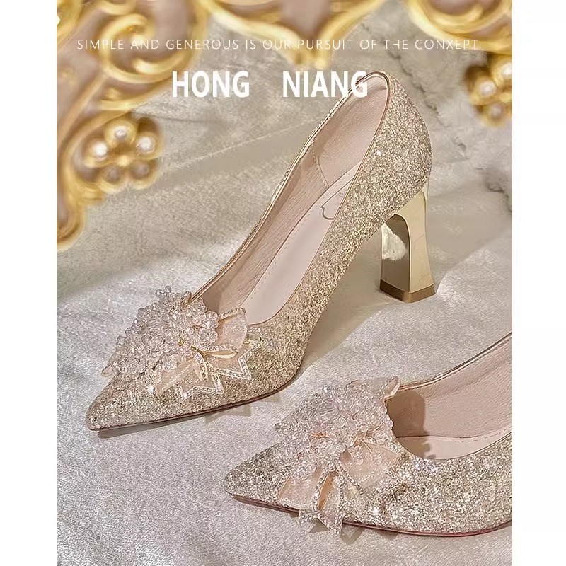 粗跟婚鞋新娘女不累脚禾秀婚纱两穿水晶鞋2025新款订婚春季高跟鞋