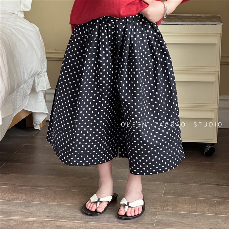 韩国童装女童满印波点阔腿裤2025夏季宝宝百搭洋气七分裤裙裤外裤