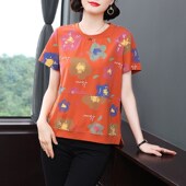 夏装 洋气中年女士印花上衣宽松小衫 2025新款 妈妈纯棉t恤休闲时尚