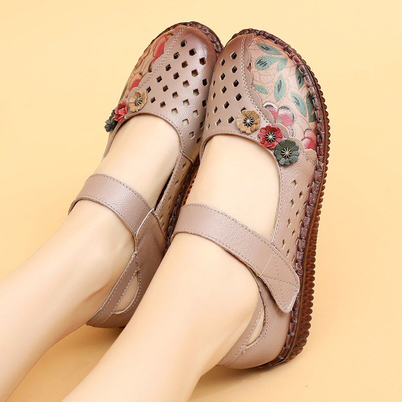 夏季单鞋真皮软底妈妈鞋中老年女鞋镂空老人皮鞋凉鞋平底洞洞鞋