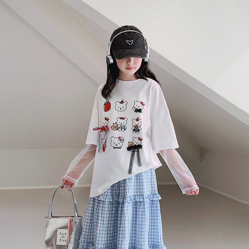 女大童T恤2025春夏装新款初中生女孩蕾丝假两件长袖上衣青少年t恤,童装/婴儿装/亲子装,T恤,淘宝优惠券,粉丝福利购,淘宝优惠卷