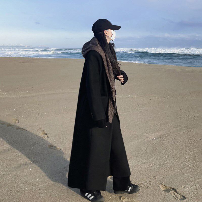 毛呢外套女超长宽松款韩系高级感秋冬季加厚新款黑色穿搭呢子大衣