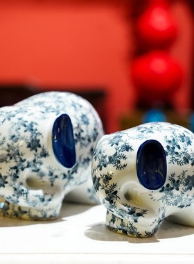 【本尼家】青花瓷高档大象一对中式陶瓷家居客厅玄关摆件