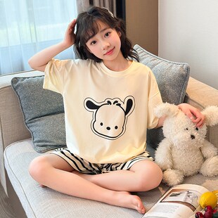 2025新款女童夏季薄款睡衣洋气大童空调服儿童纯棉家居服套装短袖