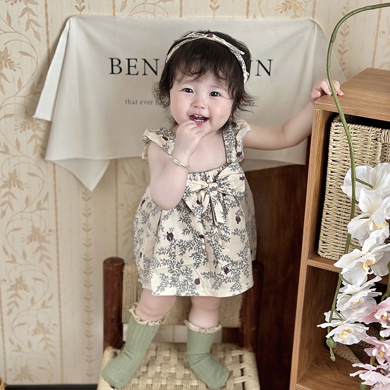 韩版新款女宝宝衣服夏装 婴儿吊带碎花上衣裙+花苞裤女童套装薄款