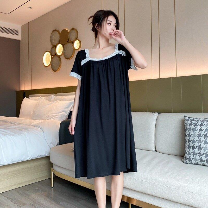 蓝精莫代尔短袖睡裙女蕾丝睡衣夏大码200斤孕妇连衣裙家居服外穿