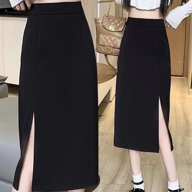 黑色开叉半身裙女春夏中长款高腰西装裙2023大码新款显瘦a字长裙
