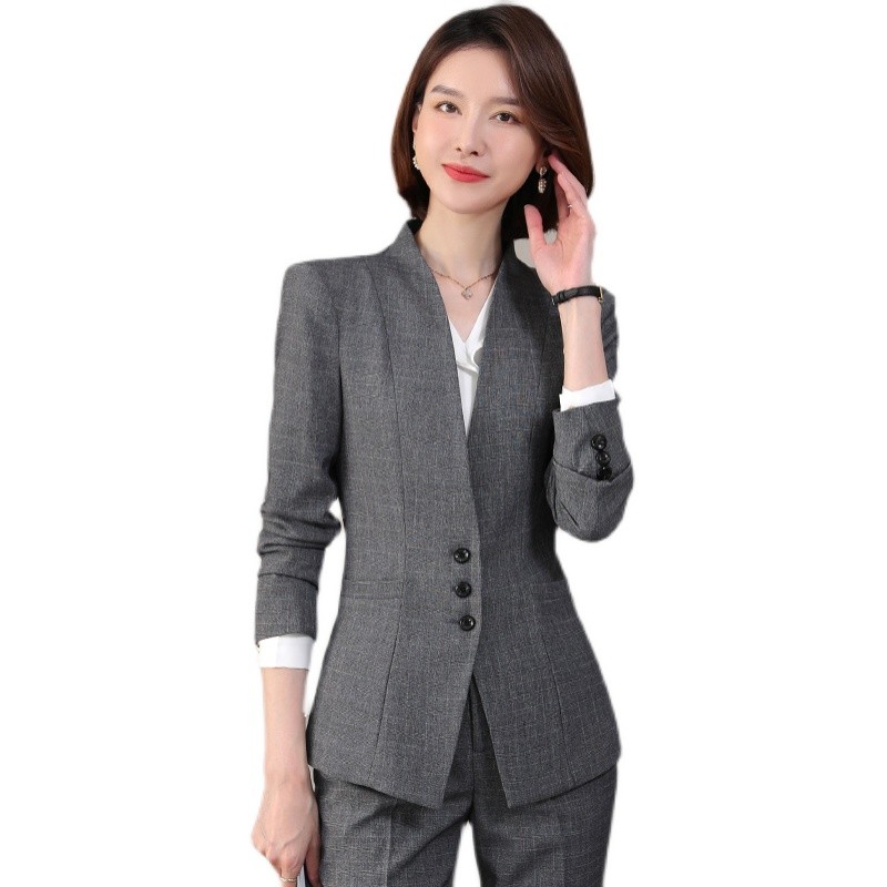 秋冬长袖小西装女外套厚职业装工作服3粒扣修身无领西服女装套装