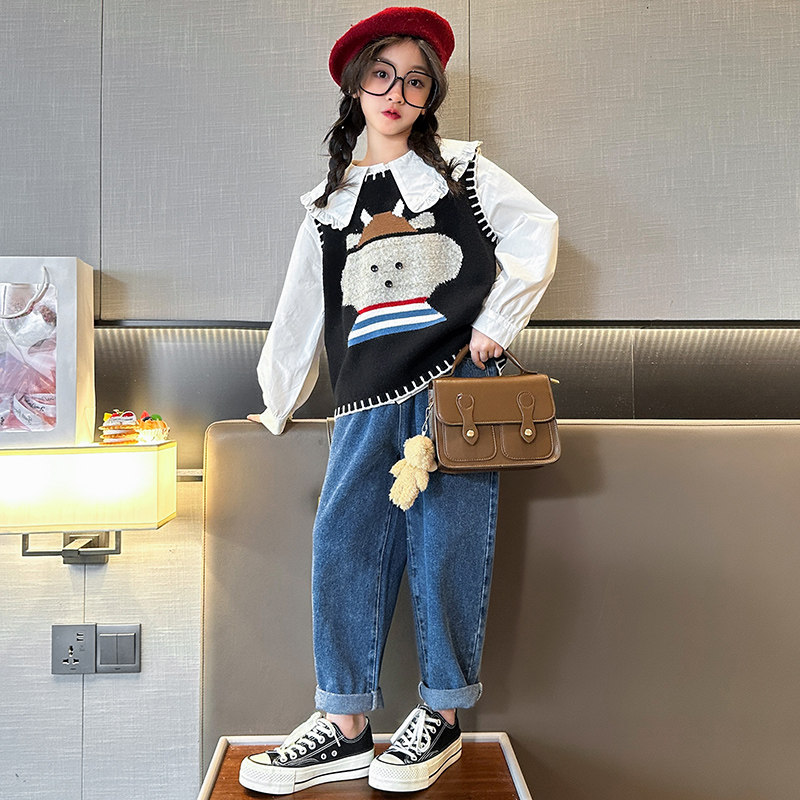 女童马甲套装春秋2023年新款洋气时髦两件套中大童儿童春装三件套