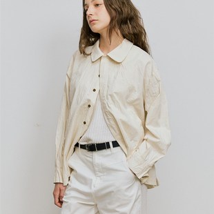 ENTWO 褶皱肌理感纯棉面料伊顿领宽松长袖衬衫