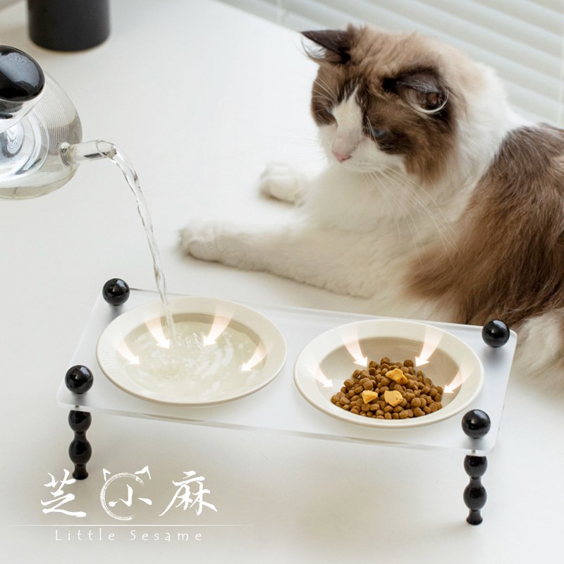 芝小麻复古氛围感陶瓷猫碗狗碗高脚护颈防打翻双碗亚克力宠物碗架