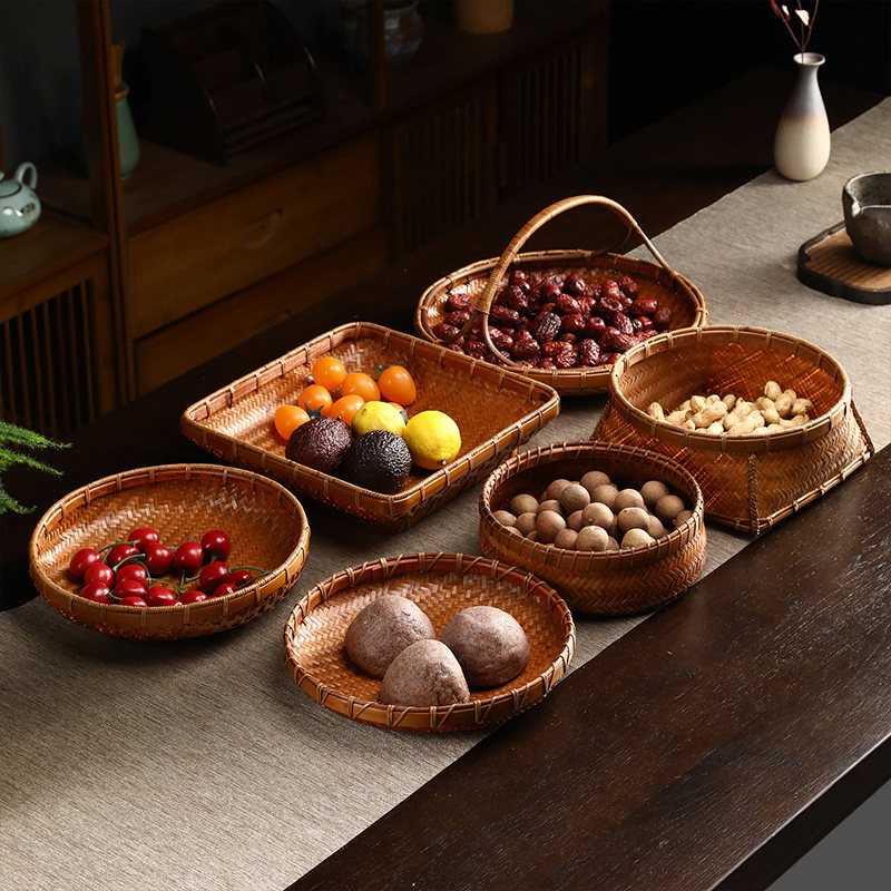竹制复古大漆收纳筐家用茶叶簸箕茶点盘干果盘篮纯手工竹编果盘,特色手工艺,竹编/竹雕,淘宝优惠券,粉丝福利购,淘宝优惠卷