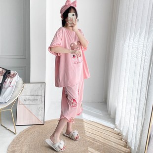 纯棉睡衣女加大码 夏季 两件套宽松孕妇胖MM200斤家居服 七分裤 短袖