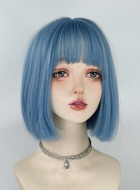 蓝色短发假发一刀切女全头套亚文化lolita波波头y2k万用cos彩直发