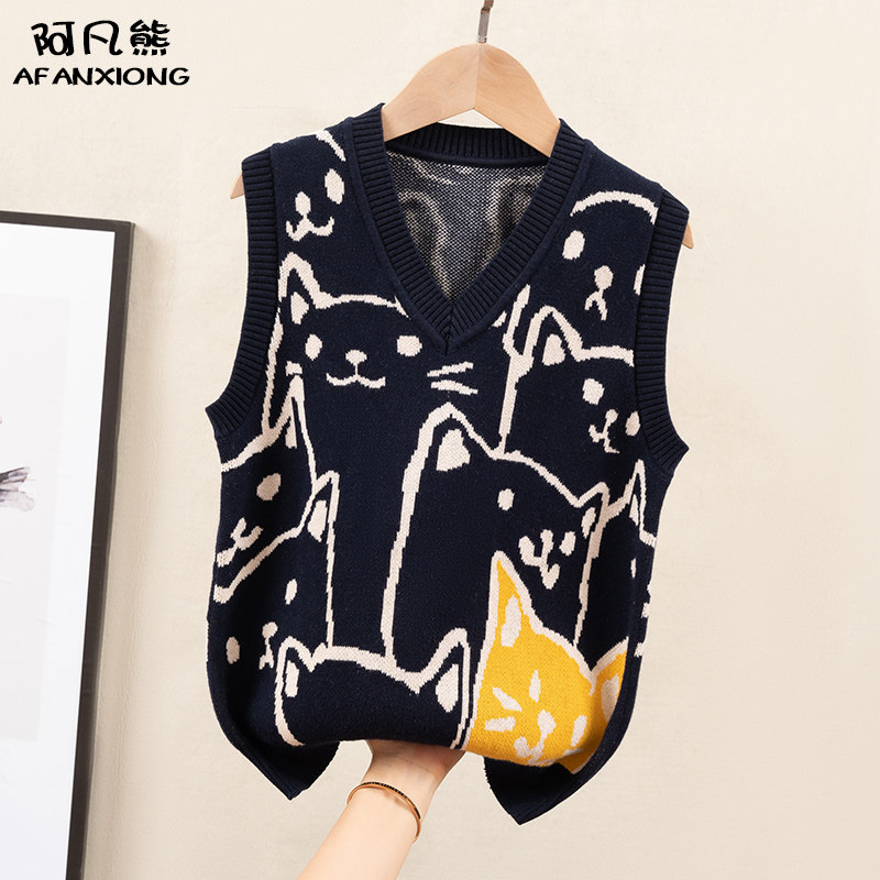 男童V领针织马甲儿童加绒毛衣背心马夹中大童纯棉春秋2022新款潮