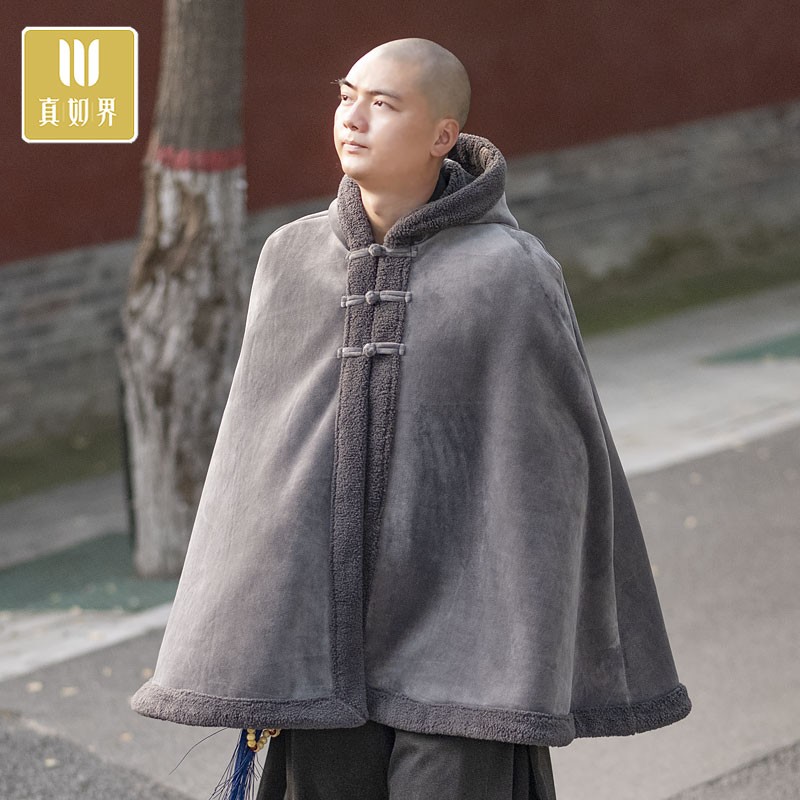 真如界僧服银狐绒冬季斗篷打坐披风僧人禅修加厚保暖僧衣连帽披风