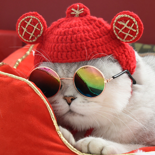 迎财神~猫咪狗狗新年帽子过年小猫头套英短头饰宠物针织毛线饰品