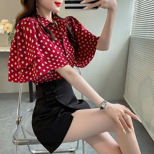 短袖衬衫女款夏季设计感宽松荷叶袖衬衣轻奢高级感红色波点上衣女