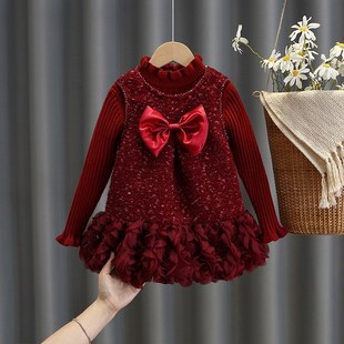 女童公主裙套装冬季女孩新年红色毛衣背心裙两件套时髦洋气童装