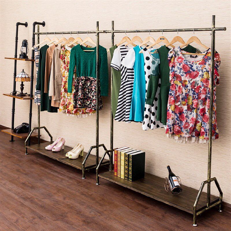 复古实木铁艺服装展示架服装店衣架落地中岛架靠墙侧挂服装架包邮