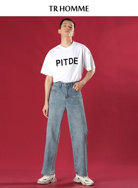TR HOMME 港风牛仔裤男复古蓝色宽松直筒长裤青春休闲男青年裤子