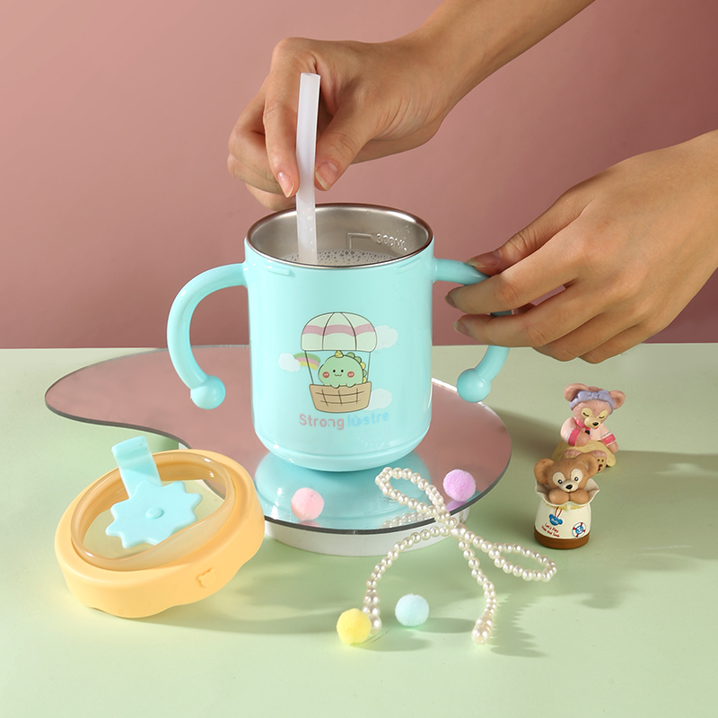 儿童牛奶杯防摔316L不锈钢水杯刻度吸管杯宝宝家用喝水杯学饮杯2