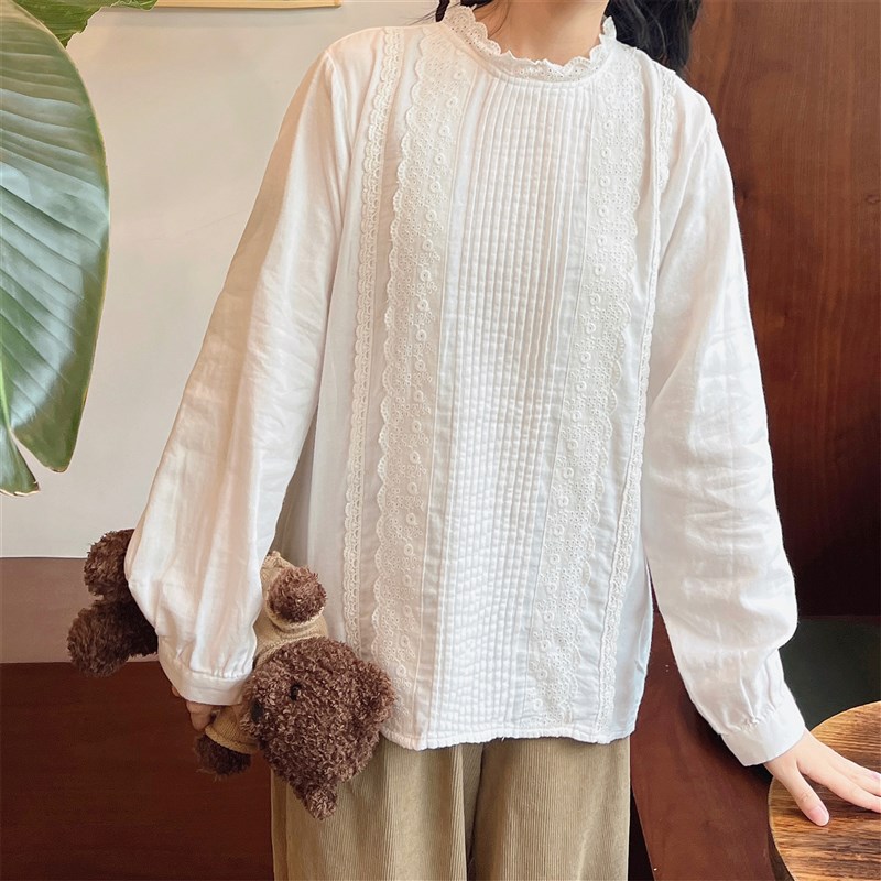 秋冬温柔白色双层纱半高领打底衫仙气水溶蕾丝内搭叠穿衬衫上衣
