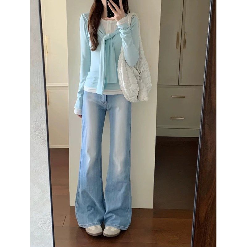 浅蓝色微喇叭牛仔裤女春秋季2025新款弹力高腰显瘦直筒阔腿裤宽松