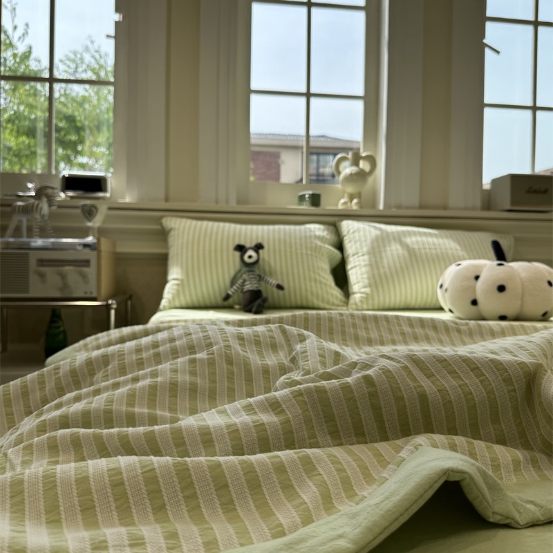 奶fufu~奶油绿色条纹提花夏凉被四件套薄被子芯空调被可水洗纯棉
