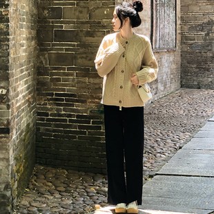 棕色针织阔腿裤女春秋冬宽松显瘦高腰直筒垂感加绒小个子休闲裤子