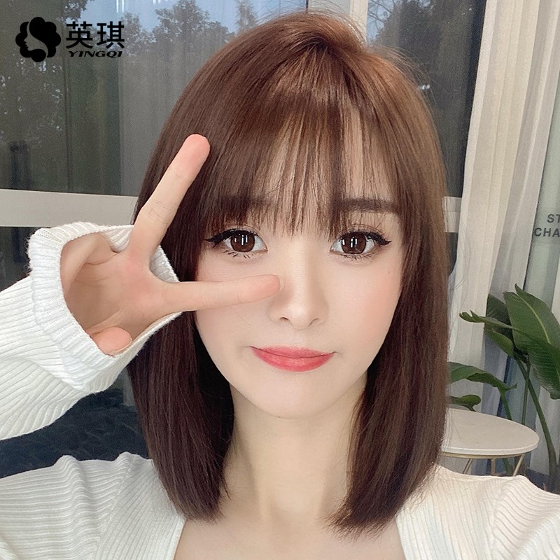 英琪假发女空气刘海层次锁骨发初恋发型中长发修脸自然全真发头套