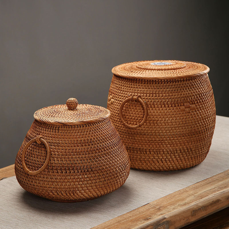 越南藤编收纳罐糖果盒大号储物盒创意编织零食篮干果盒存茶桶带盖