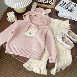 女童女宝可爱2024秋天小兔提花连帽针织卫衣帽衫小童毛衣外套洋气