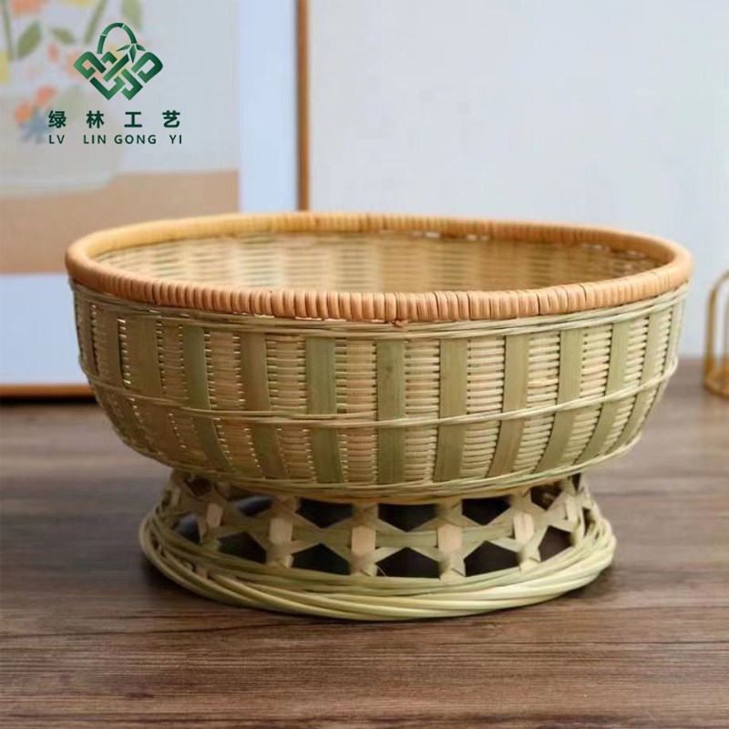 竹编藤口馒头筐零食水果篮精编高脚编织篮家用厨房洗菜篮大号圆形