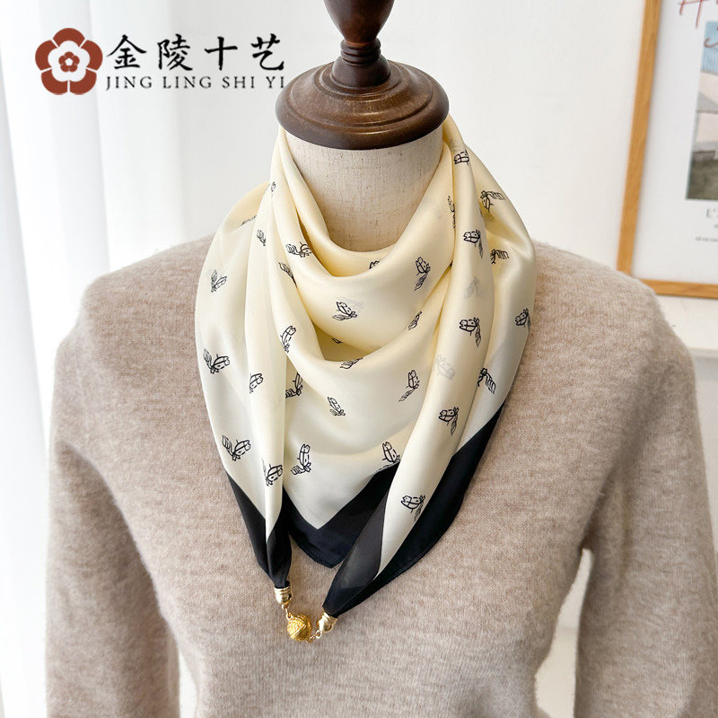 磁吸扣三角小方巾丝巾女春秋夏季护颈防晒围脖子薄纱巾围巾70x70