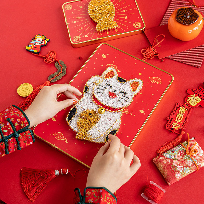 春节醒狮招财猫弦丝画新年礼物diy手工制作钉子线绕画国潮风