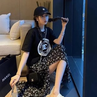 夏松紧大码 荷叶边碎花开叉半身裙女新款 腰显瘦过膝长裙 套装 单件