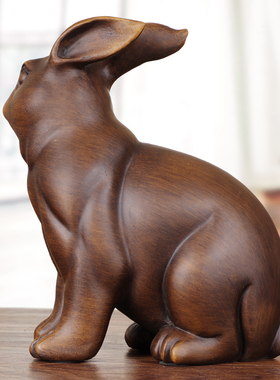实木雕兔子摆件招财创意家居客厅可爱木质生肖兔摆设手工艺装饰品