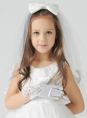 女童白色蕾丝手套小花童婚纱礼服配饰儿童生日摄影短款分指手套夏