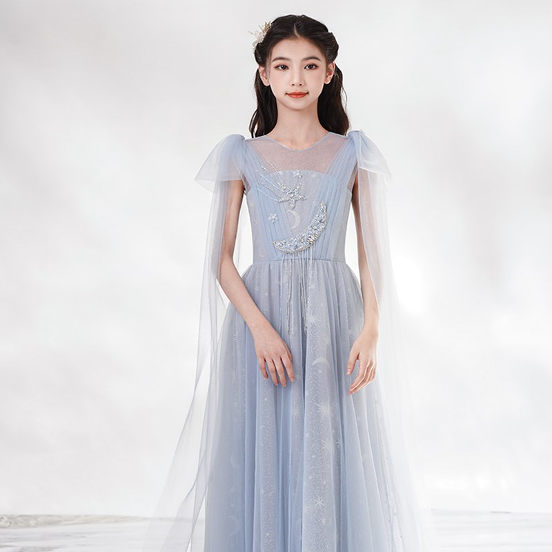 高档儿童礼服女童公主裙花童蓬蓬洋气小女孩钢琴演出服星月雾霾蓝