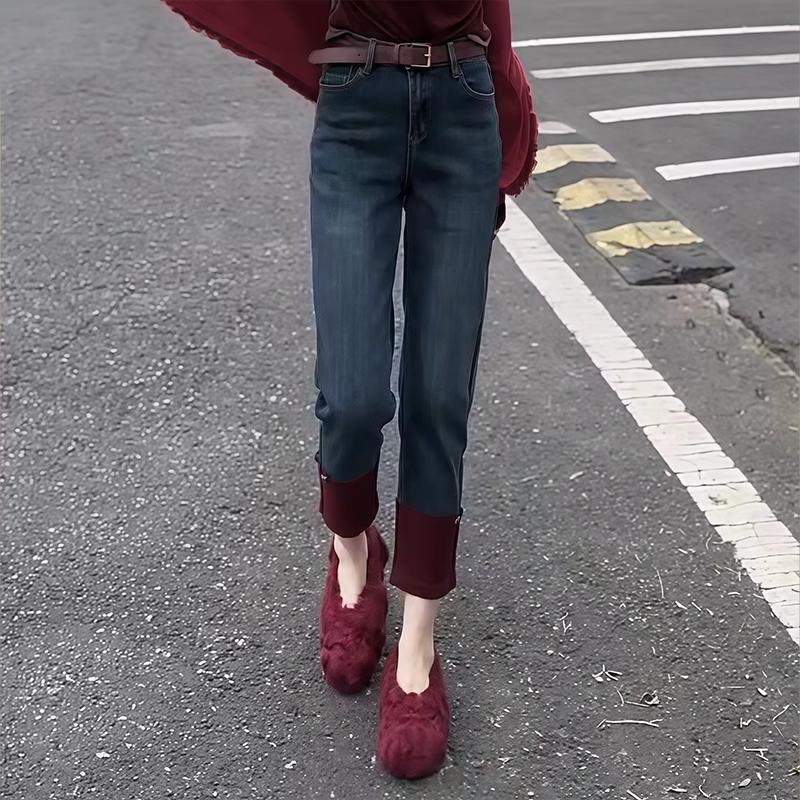 秋冬新款加绒复古撞色高腰植绒牛仔裤女大码显瘦九分烟管裤小个子