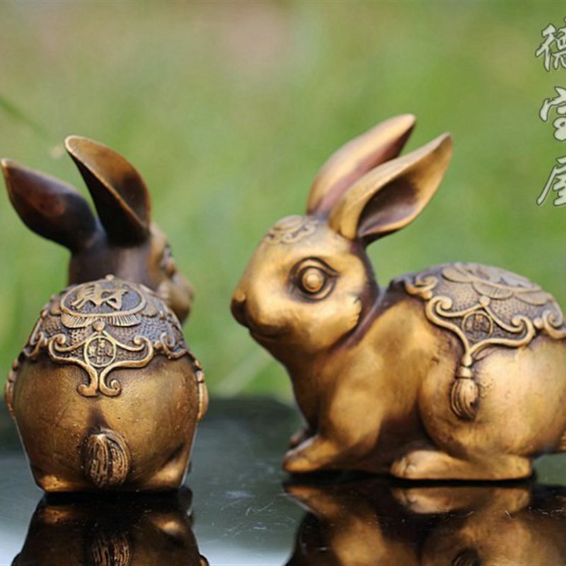 包邮纯铜兔子财富一对招财福字小号招财进宝生肖仿古黄铜卧室摆件