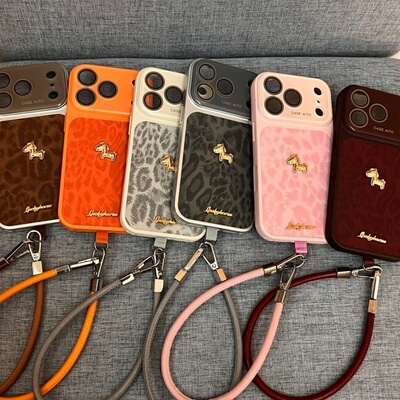 多色皮面豹纹金属马英文全包韩系网红ins风适用于iPhone17Pro全包防摔壳16proma个性可爱15pro卡通简约手机壳