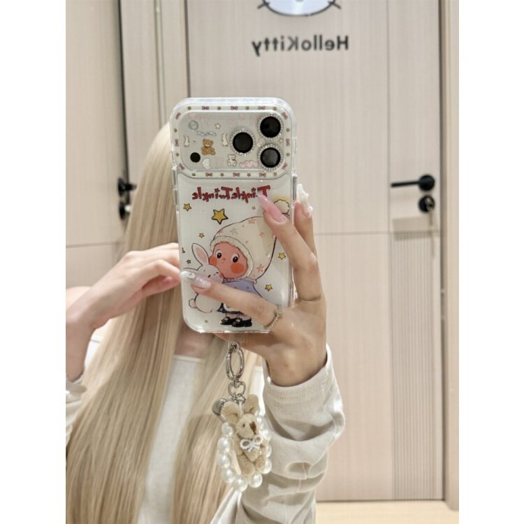 撞色框抱着兔子的小可爱手机壳适用于苹果17promax16pro防摔软胶卡通全包边15pro小兔挂绳粉色透明手机保护套
