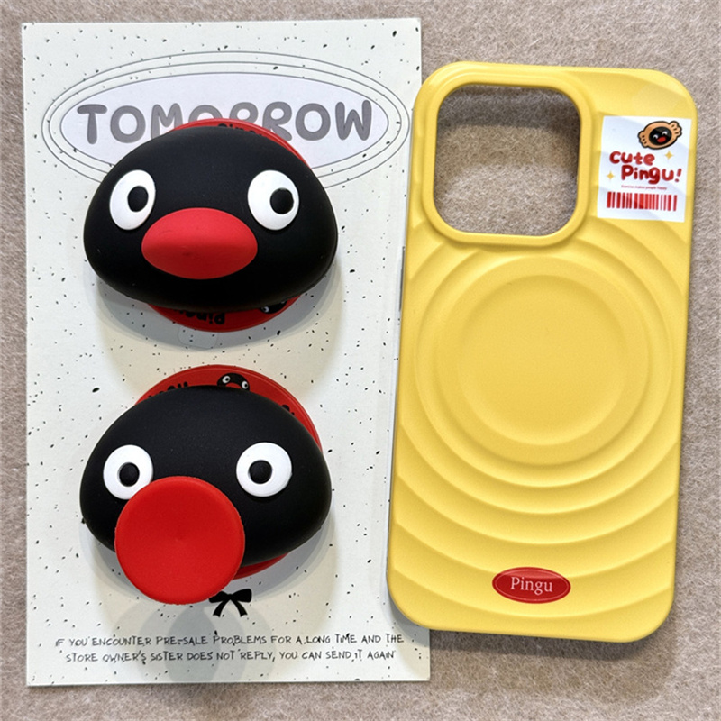 ins卡通pingu黄色波漾磁吸小企鹅适用苹果16promax带支架iPhone15pro小众不撞14新款13防摔16pro简约15全包壳